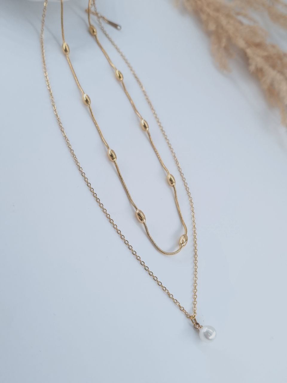 گردنبند لایه‌ای زنانه طلایی با آویز مروارید کد120